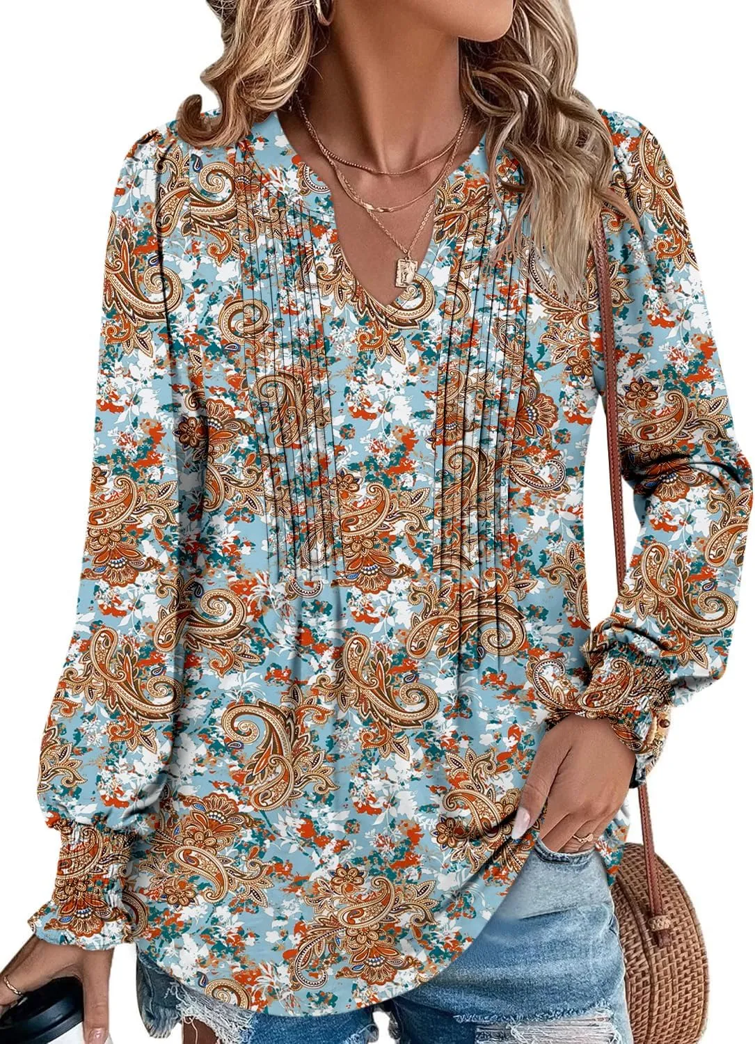 BETTE BOUTIK Long Sleeve Shirts for Women Fall Tops Dressy Blouses Pleated V Neck Tunic Tops for Leggings S-3XL