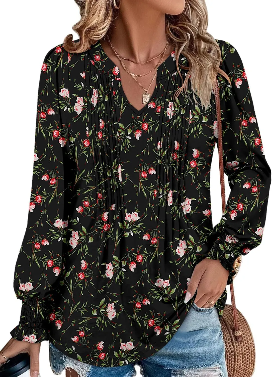 BETTE BOUTIK Long Sleeve Shirts for Women Fall Tops Dressy Blouses Pleated V Neck Tunic Tops for Leggings S-3XL