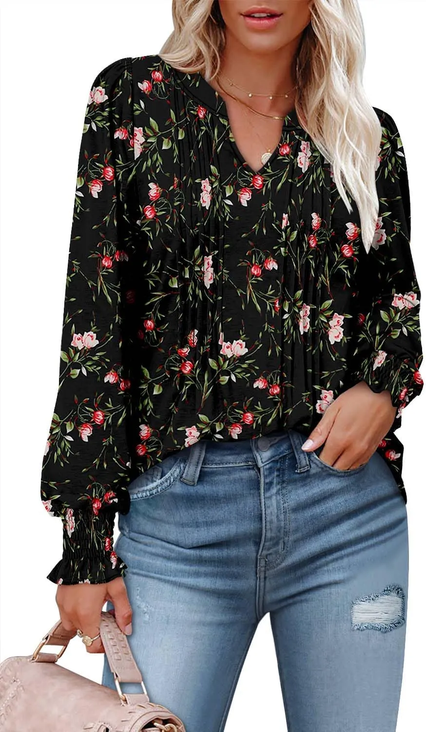 BETTE BOUTIK Long Sleeve Shirts for Women Fall Tops Dressy Blouses Pleated V Neck Tunic Tops for Leggings S-3XL