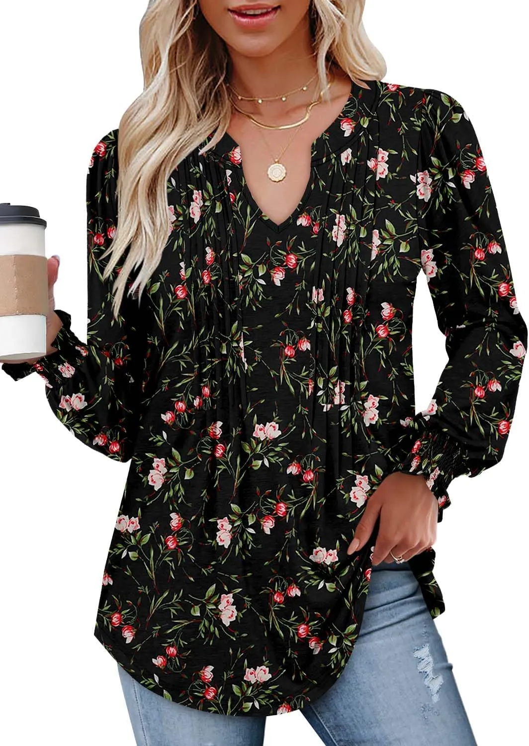 BETTE BOUTIK Long Sleeve Shirts for Women Fall Tops Dressy Blouses Pleated V Neck Tunic Tops for Leggings S-3XL
