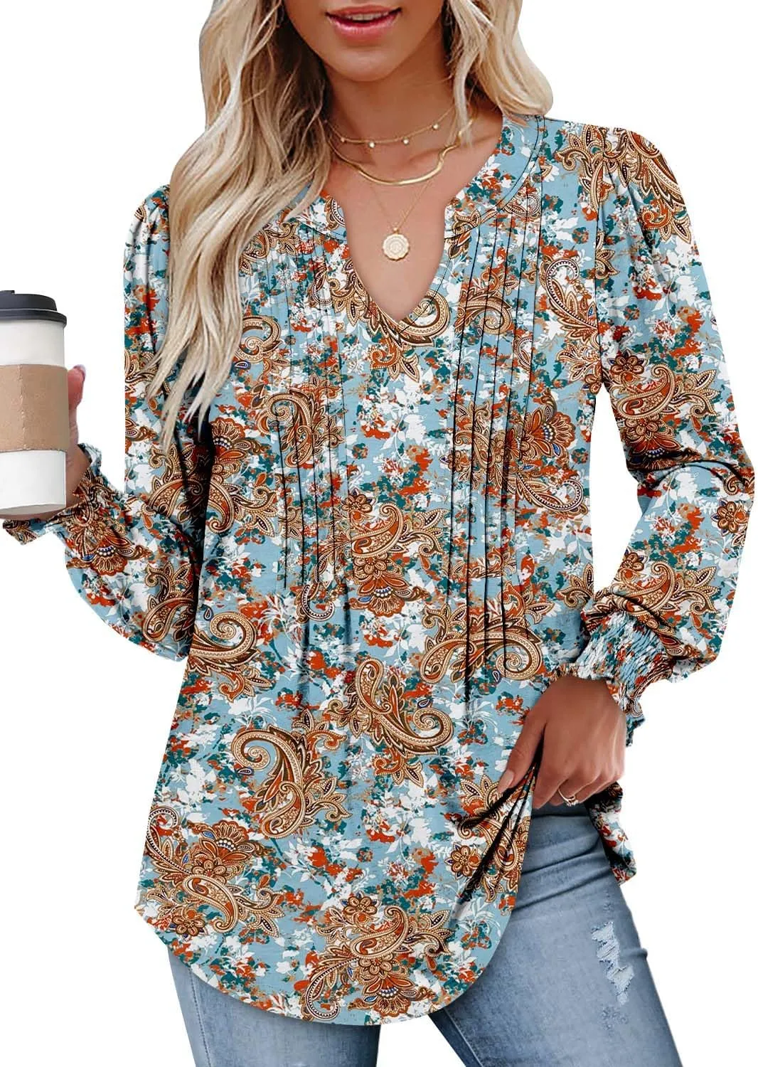 BETTE BOUTIK Long Sleeve Shirts for Women Fall Tops Dressy Blouses Pleated V Neck Tunic Tops for Leggings S-3XL