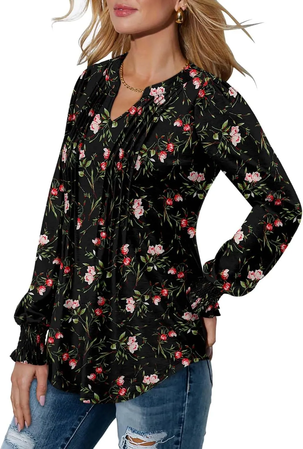 BETTE BOUTIK Long Sleeve Shirts for Women Fall Tops Dressy Blouses Pleated V Neck Tunic Tops for Leggings S-3XL