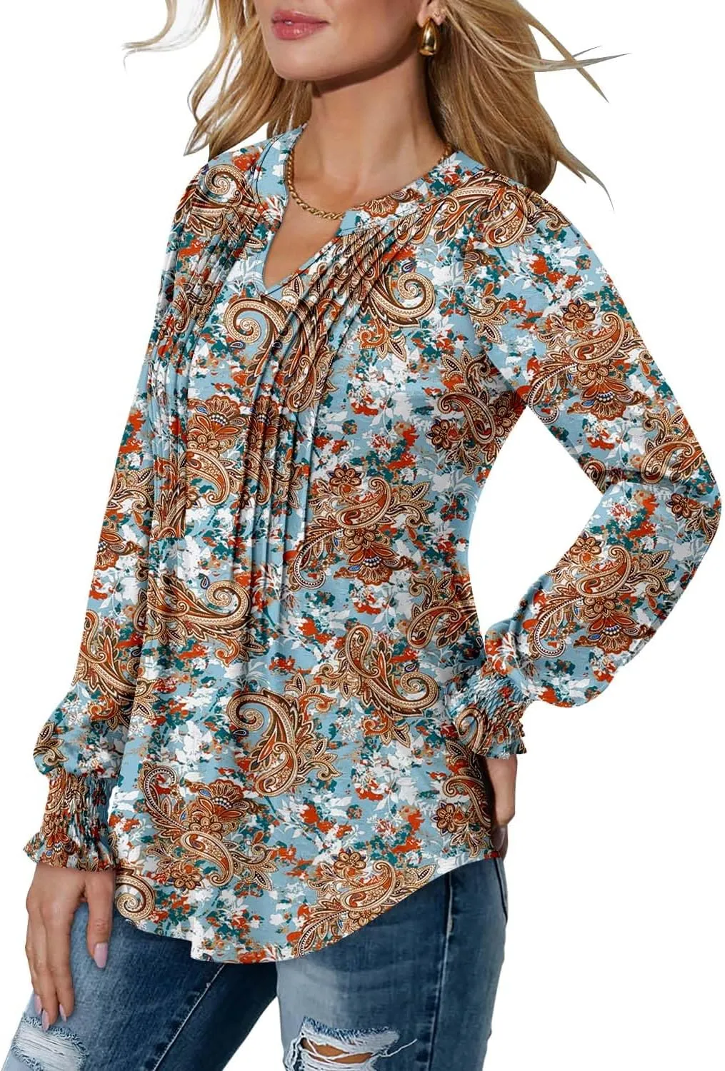 BETTE BOUTIK Long Sleeve Shirts for Women Fall Tops Dressy Blouses Pleated V Neck Tunic Tops for Leggings S-3XL