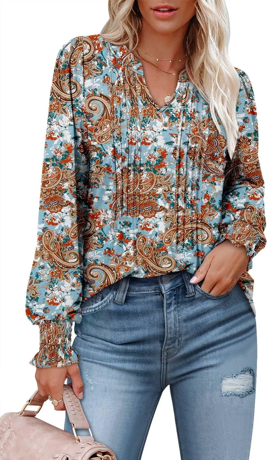 BETTE BOUTIK Long Sleeve Shirts for Women Fall Tops Dressy Blouses Pleated V Neck Tunic Tops for Leggings S-3XL