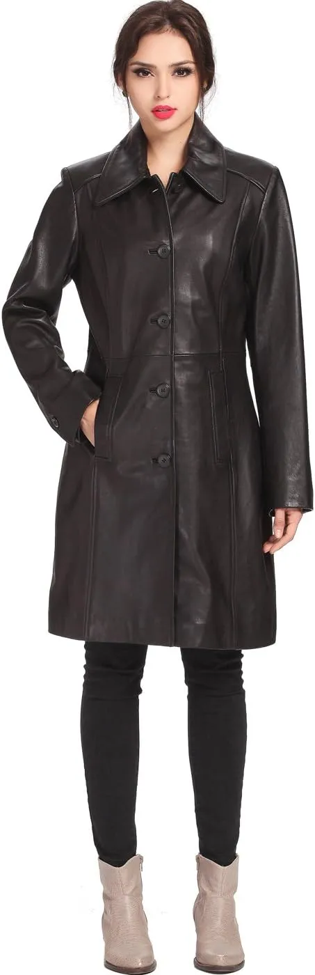 BGSD Women Amber Lambskin Leather Long Walking Coat (Also available in Plus Size & Petite)