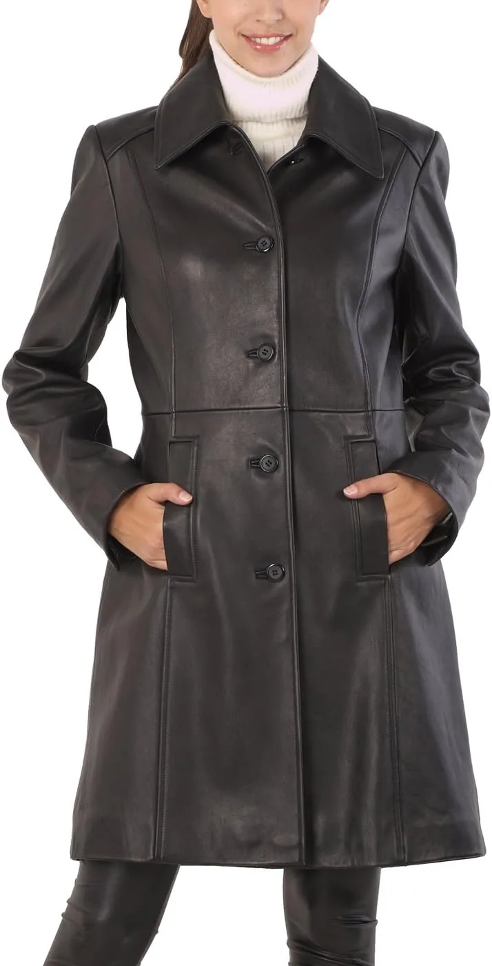BGSD Women Amber Lambskin Leather Long Walking Coat (Also available in Plus Size & Petite)
