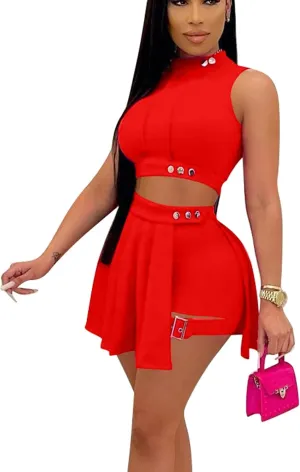 Bluewolfsea Womens Cute 2 Piece Outfits Summer Sleeveless Crop Top Pleated Mini Skirt Set Ruffle Shorts Set