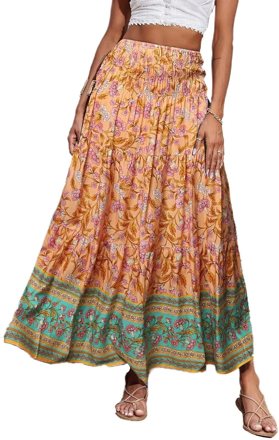 Boho Maxi Skirts for Women,2025 Summer Flowy High Waist A Line Vacation Skirt Elegant Pleated Floral Beach Skirts