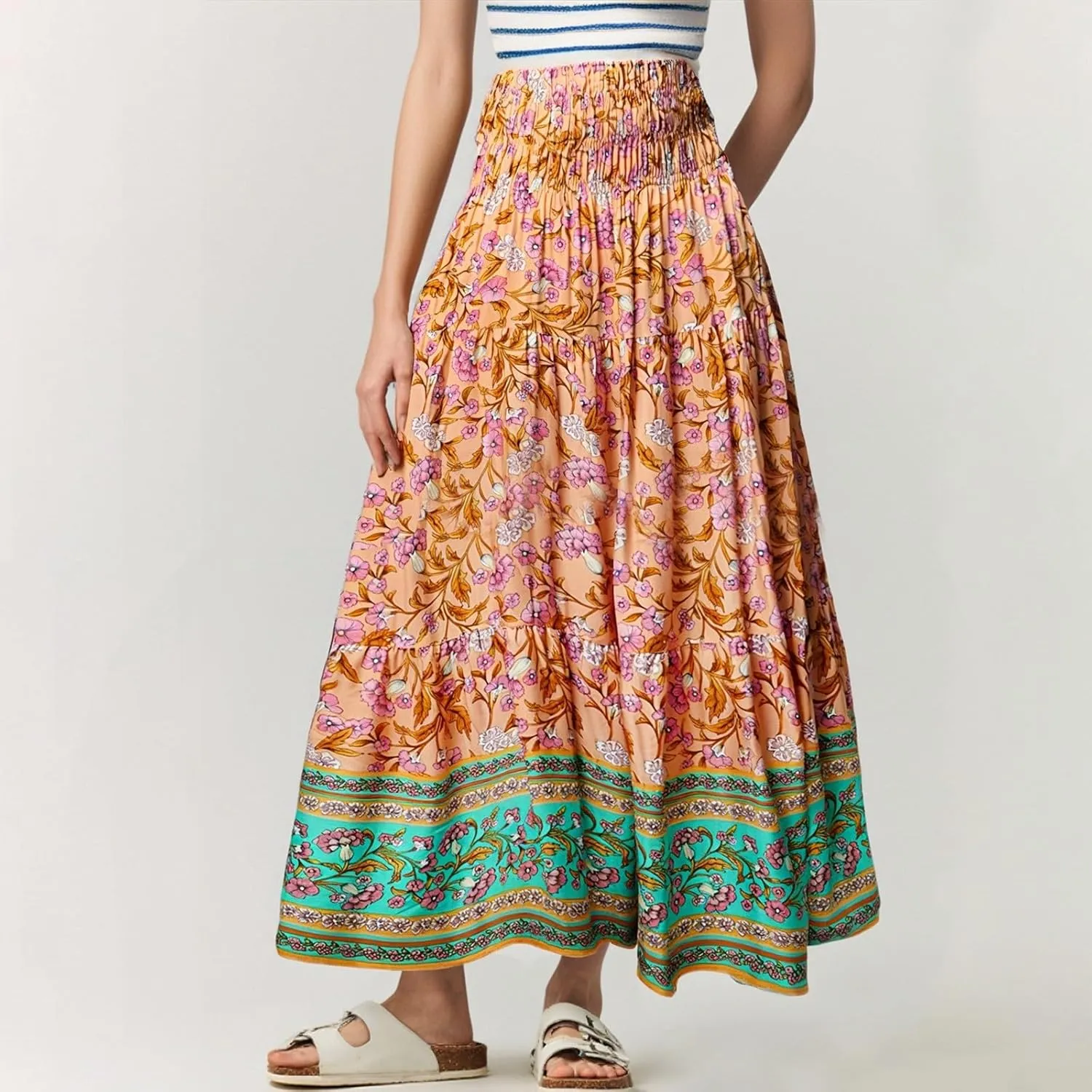 Boho Maxi Skirts for Women,2025 Summer Flowy High Waist A Line Vacation Skirt Elegant Pleated Floral Beach Skirts