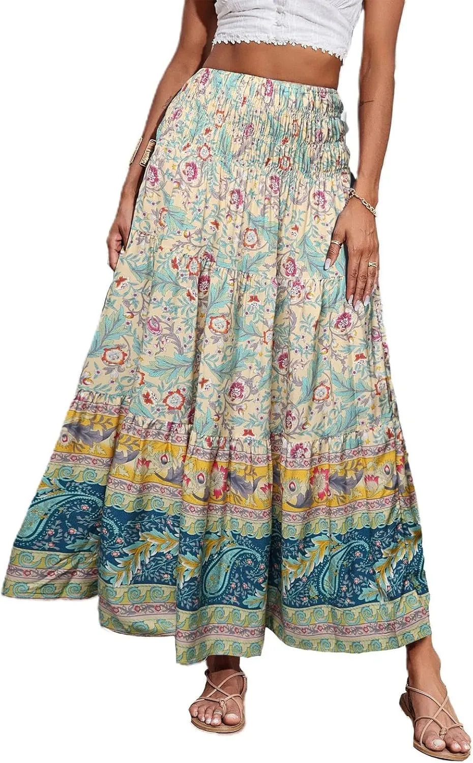 Boho Maxi Skirts for Women,2025 Summer Flowy High Waist A Line Vacation Skirt Elegant Pleated Floral Beach Skirts