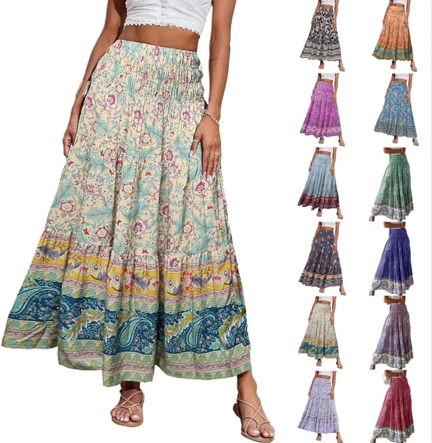Boho Maxi Skirts for Women,2025 Summer Flowy High Waist A Line Vacation Skirt Elegant Pleated Floral Beach Skirts