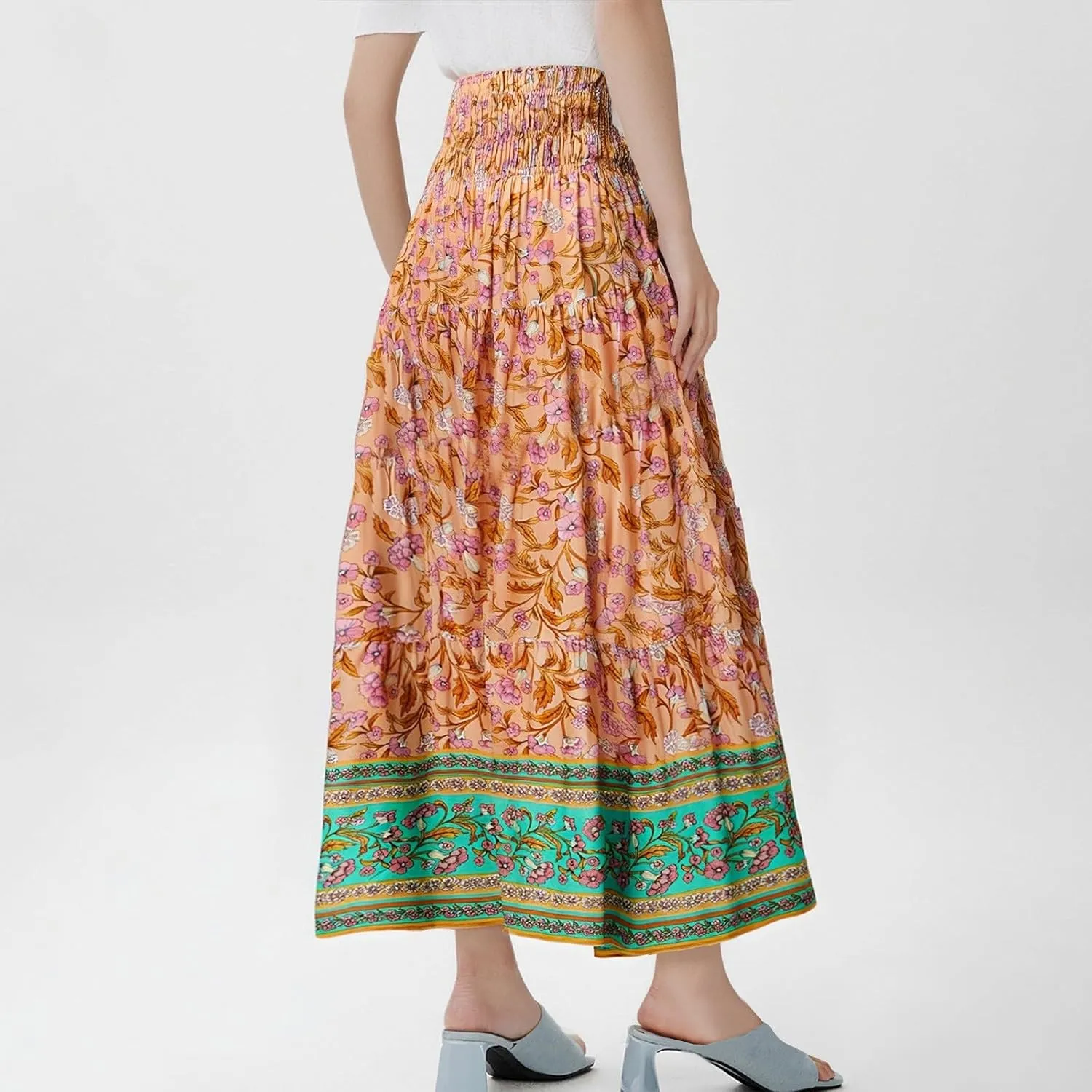 Boho Maxi Skirts for Women,2025 Summer Flowy High Waist A Line Vacation Skirt Elegant Pleated Floral Beach Skirts