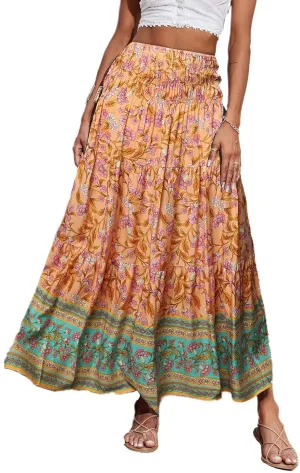 Boho Maxi Skirts for Women,2025 Summer Flowy High Waist A Line Vacation Skirt Elegant Pleated Floral Beach Skirts