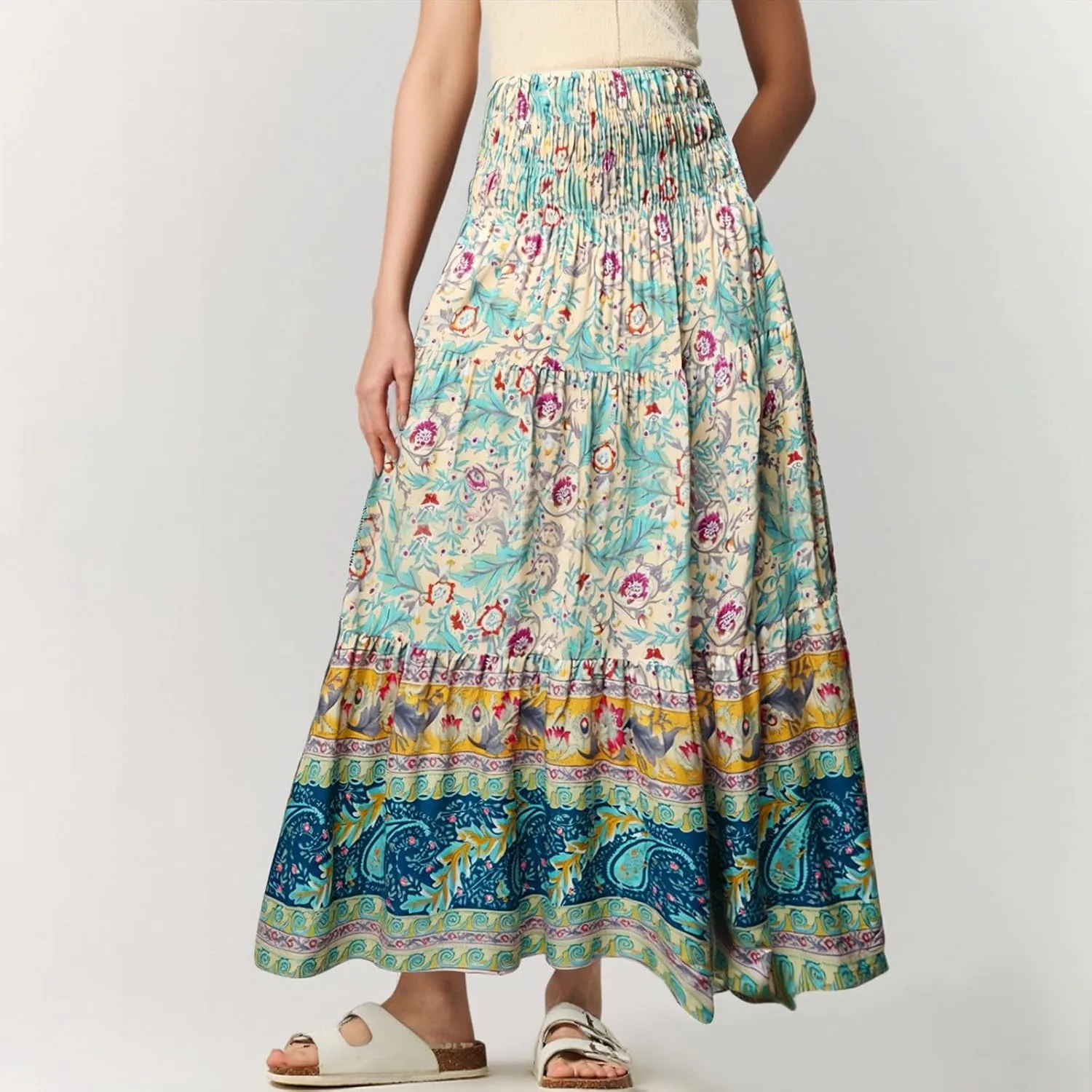 Boho Maxi Skirts for Women,2025 Summer Flowy High Waist A Line Vacation Skirt Elegant Pleated Floral Beach Skirts