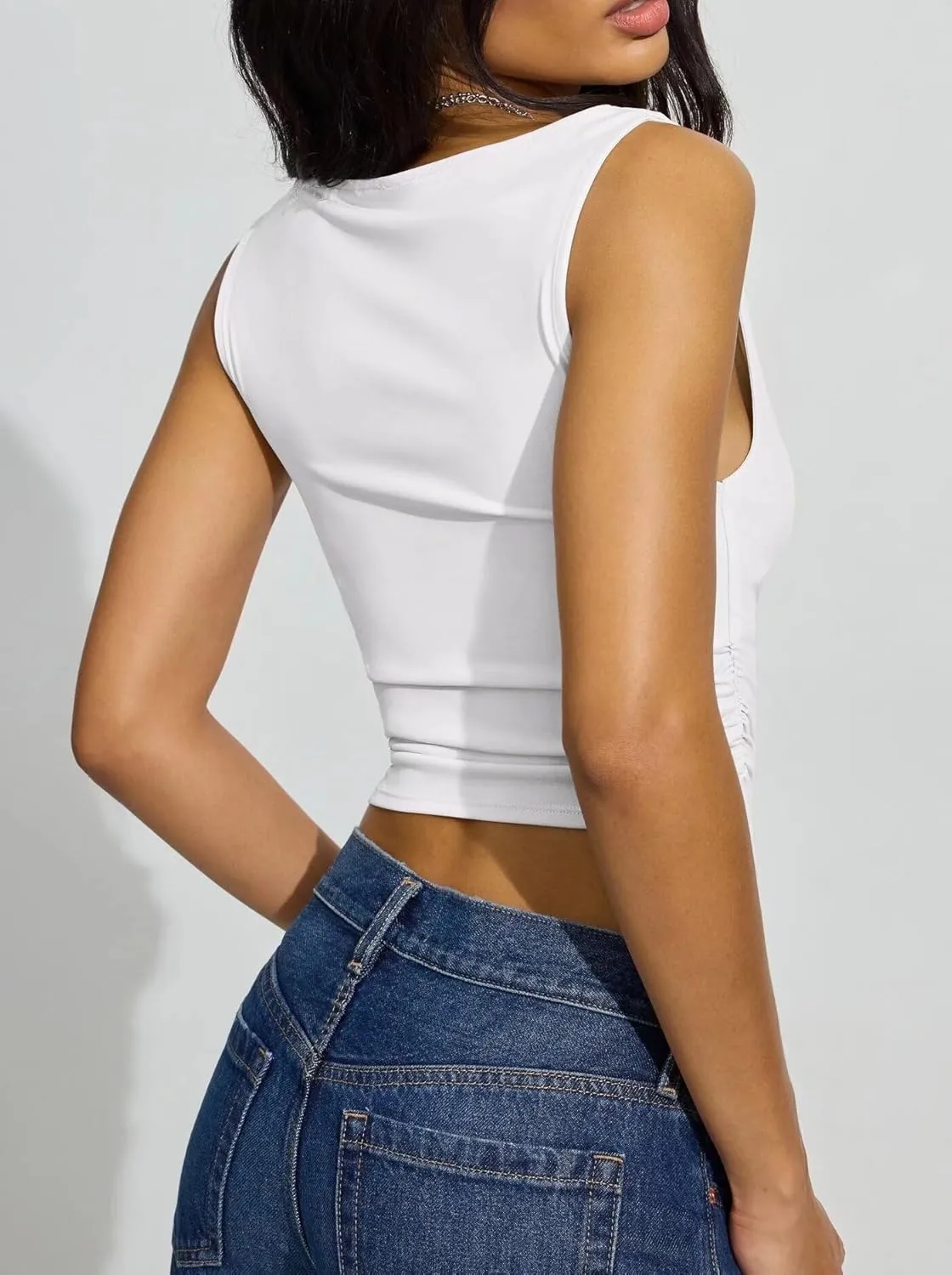 BONITEE Womens Cowl Neck Tank Tops Slim Crop Top Summer Sexy Sleeveless Sied Ruched Off Shoulder Shirts