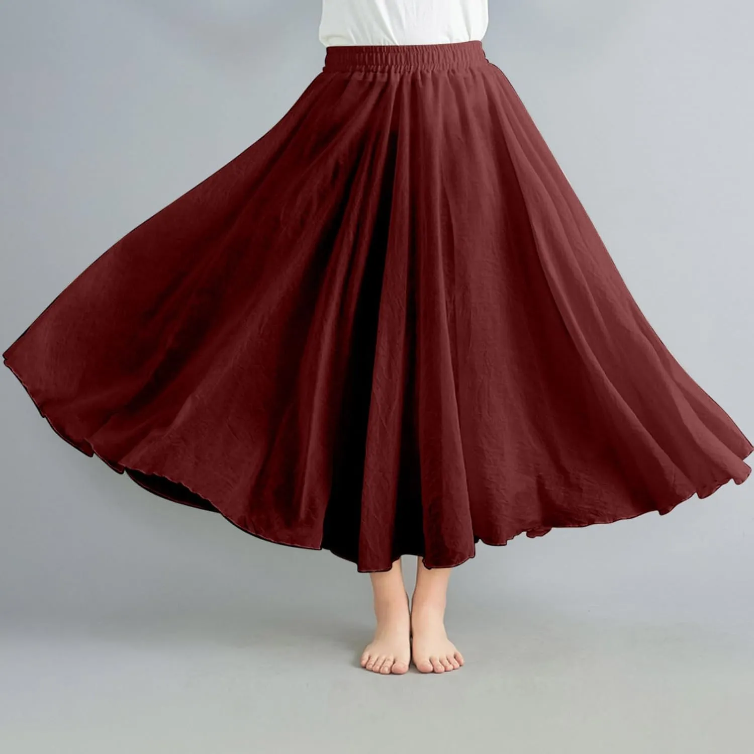 Borniu Women's Maxi Skirts 2025 Summer Trendy Ruffle High Waisted Casual Long Flowy Swing Solid Color Lightweight Skirt