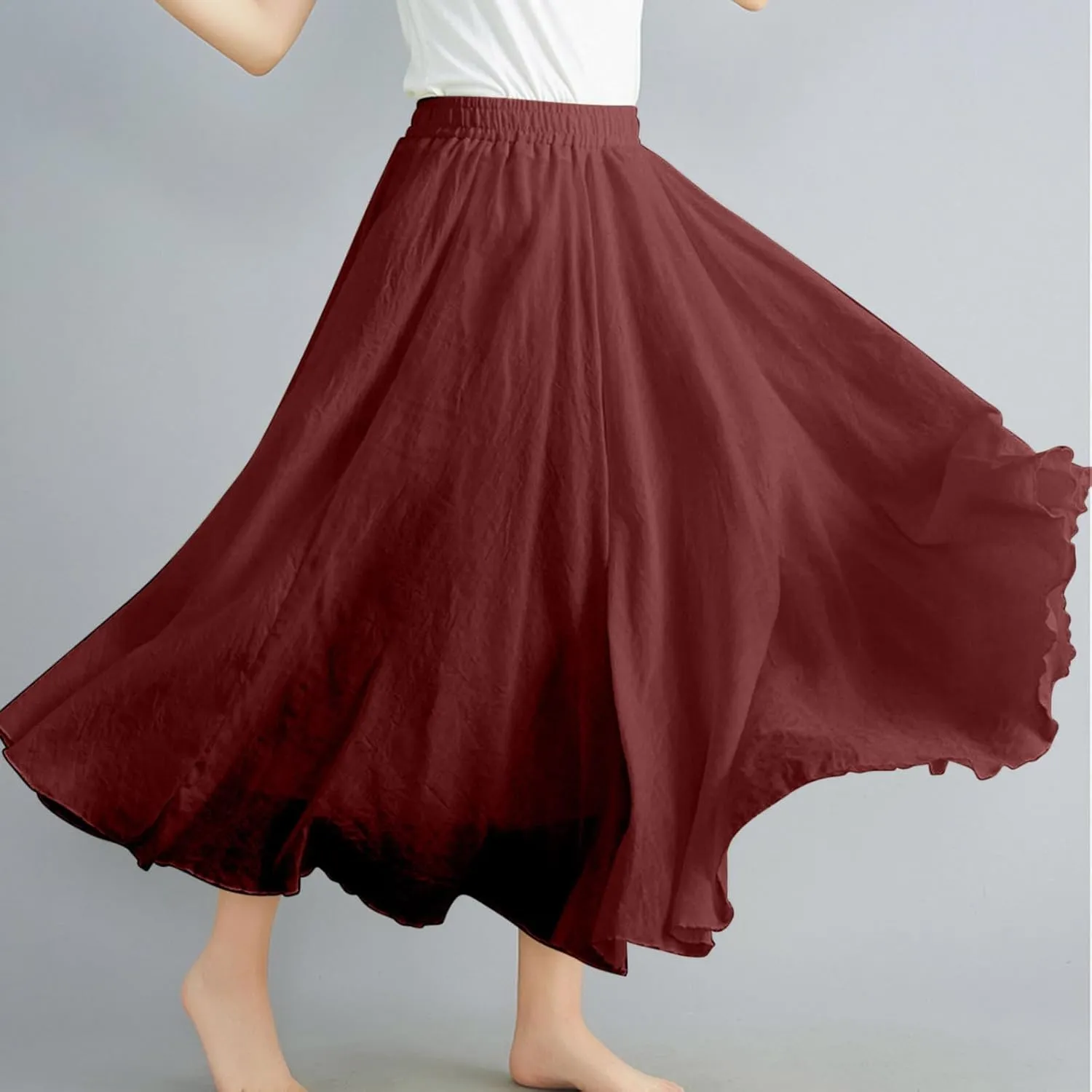 Borniu Women's Maxi Skirts 2025 Summer Trendy Ruffle High Waisted Casual Long Flowy Swing Solid Color Lightweight Skirt