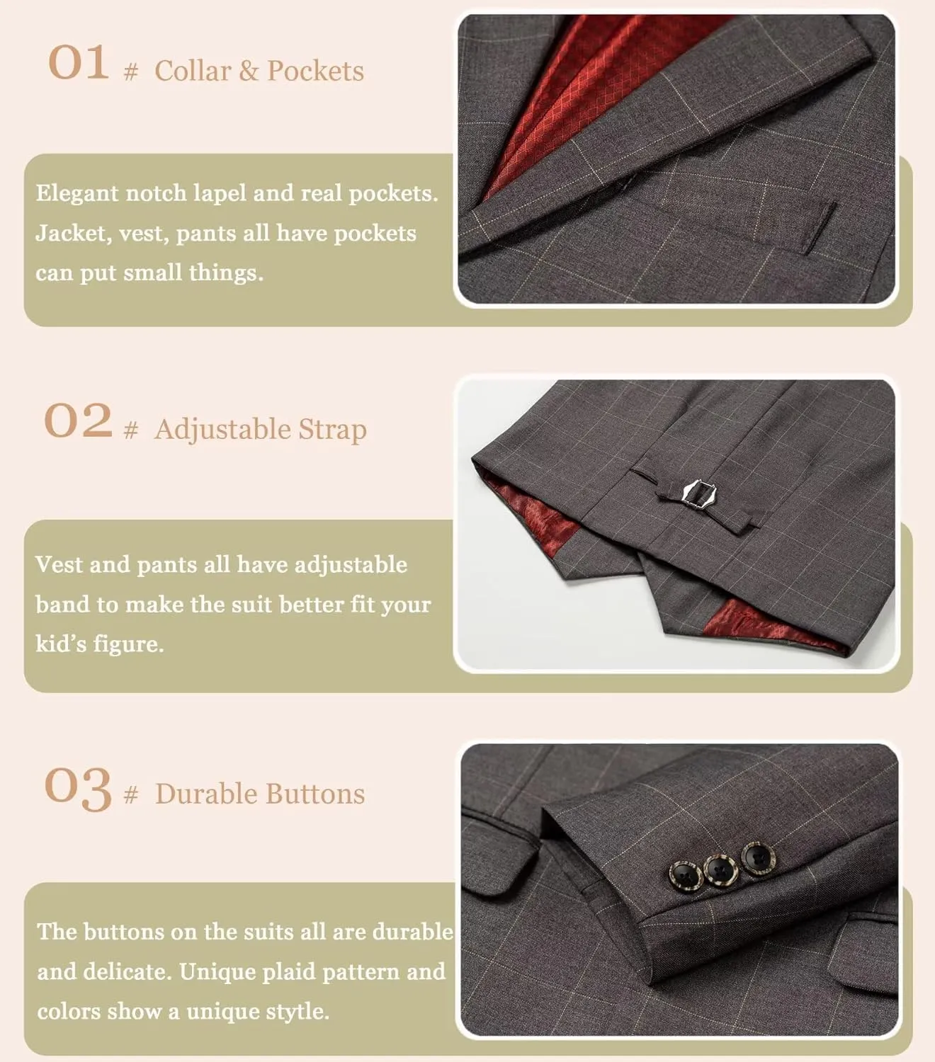 Boy's Suit Kids Plaid Suits for Boy Wedding Outfits Boys Plaid Blazer Vest Pants Ties Formal Suit Set
