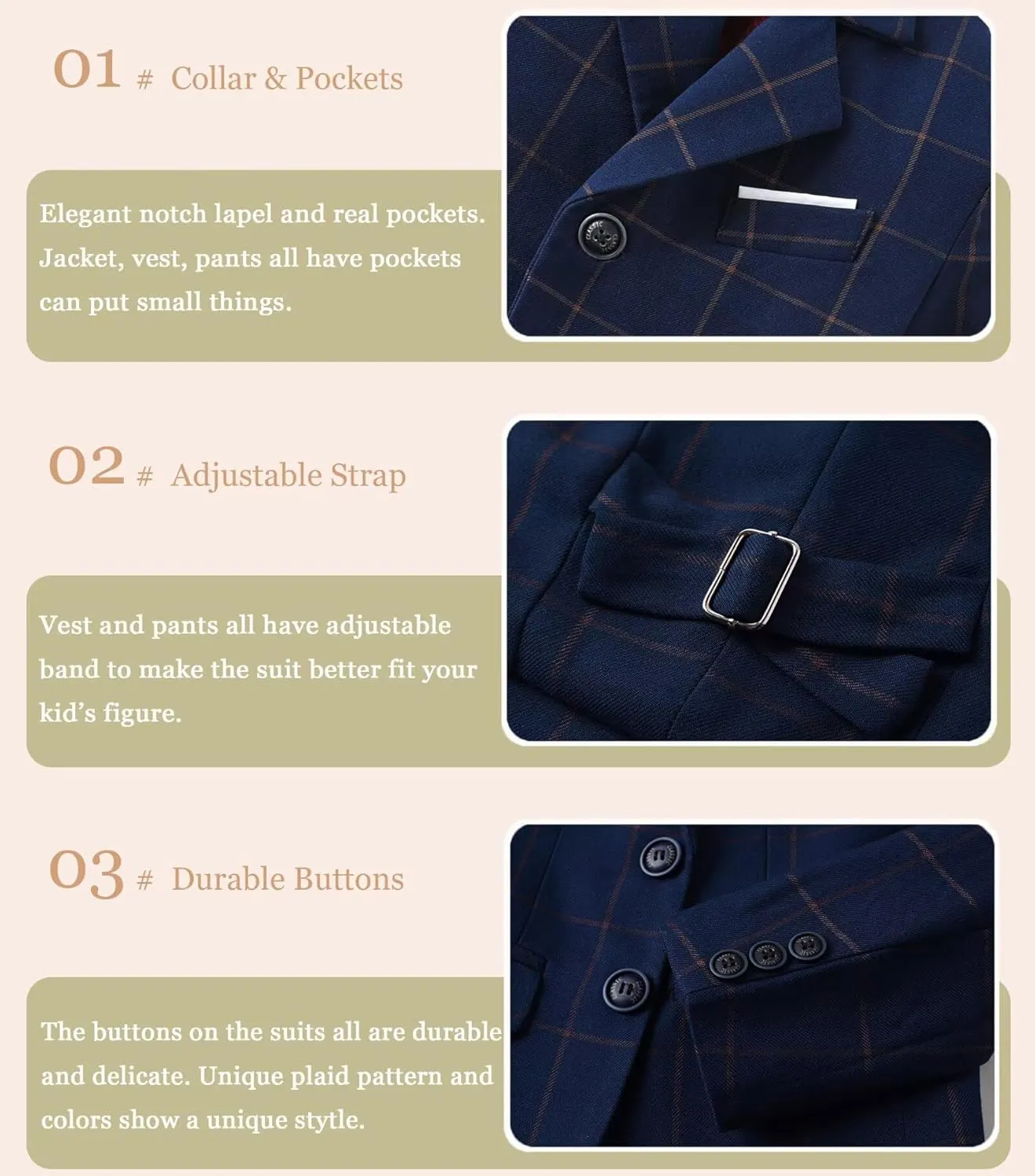 Boy's Suit Kids Plaid Suits for Boy Wedding Outfits Boys Plaid Blazer Vest Pants Ties Formal Suit Set