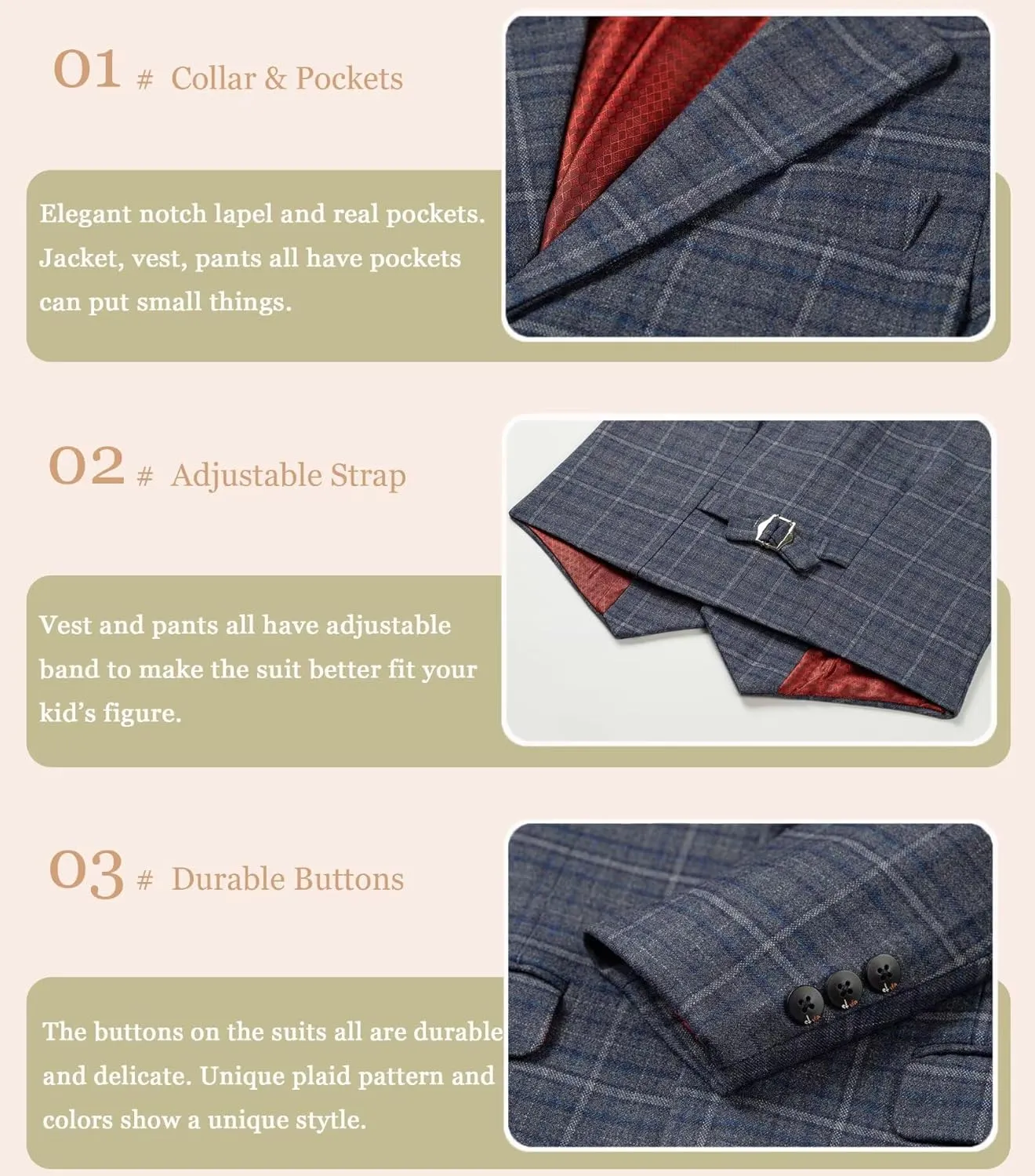 Boy's Suit Kids Plaid Suits for Boy Wedding Outfits Boys Plaid Blazer Vest Pants Ties Formal Suit Set