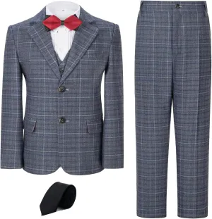 Boy's Suit Kids Plaid Suits for Boy Wedding Outfits Boys Plaid Blazer Vest Pants Ties Formal Suit Set