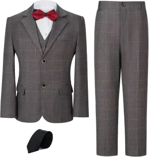 Boy's Suit Kids Plaid Suits for Boy Wedding Outfits Boys Plaid Blazer Vest Pants Ties Formal Suit Set