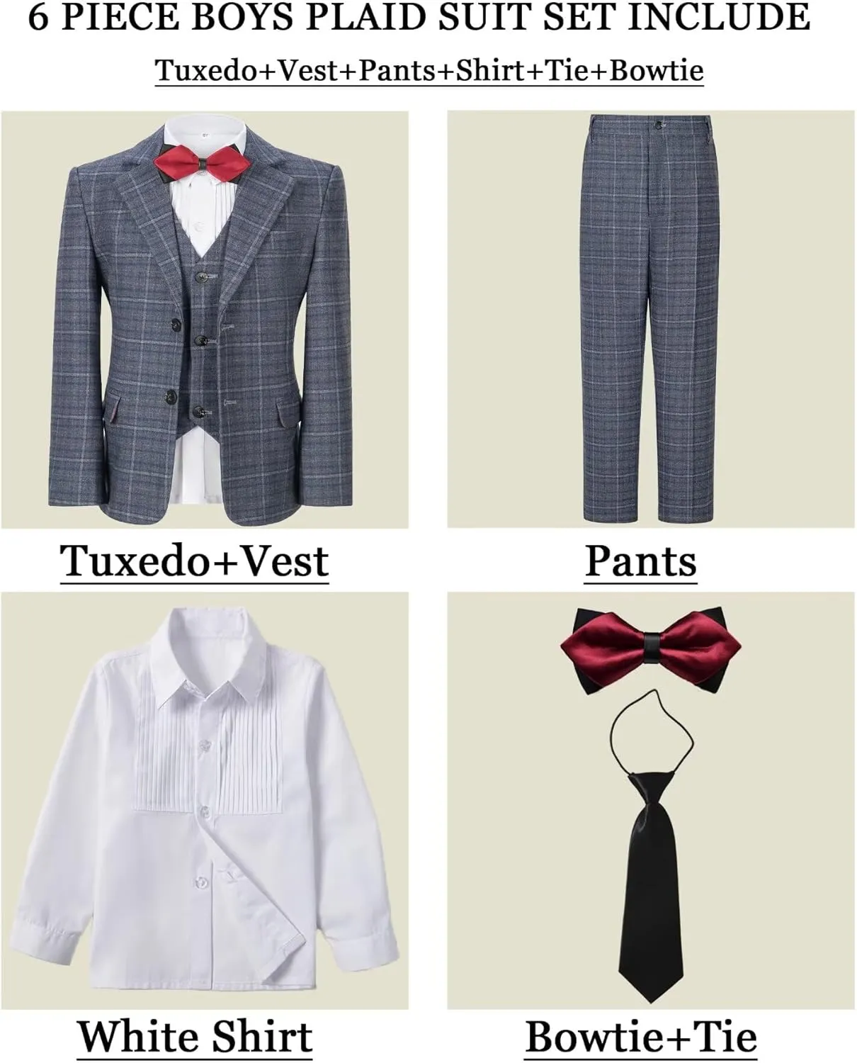 Boy's Suit Kids Plaid Suits for Boy Wedding Outfits Boys Plaid Blazer Vest Pants Ties Formal Suit Set