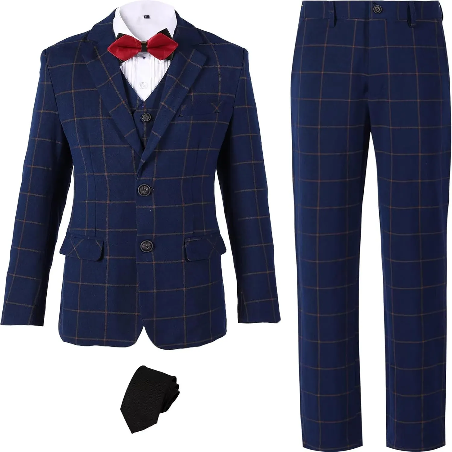 Boy's Suit Kids Plaid Suits for Boy Wedding Outfits Boys Plaid Blazer Vest Pants Ties Formal Suit Set