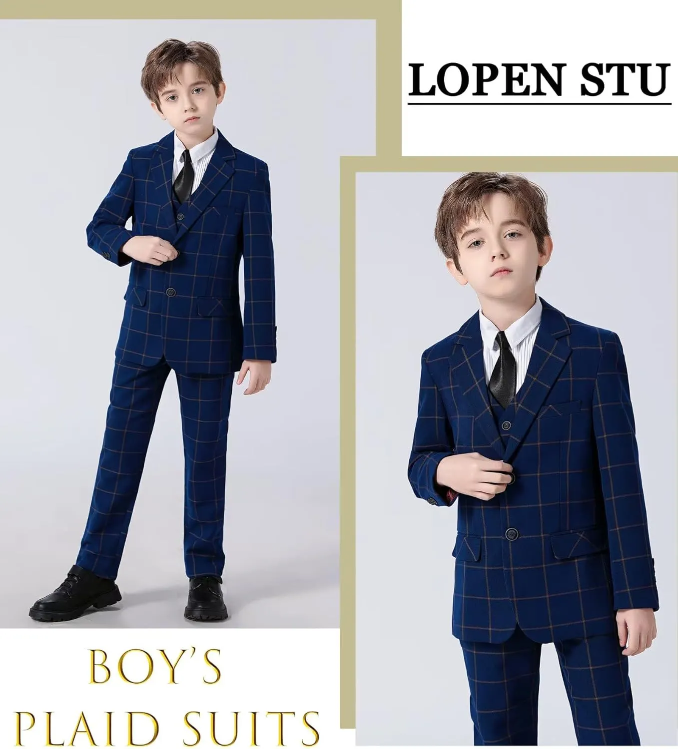 Boy's Suit Kids Plaid Suits for Boy Wedding Outfits Boys Plaid Blazer Vest Pants Ties Formal Suit Set
