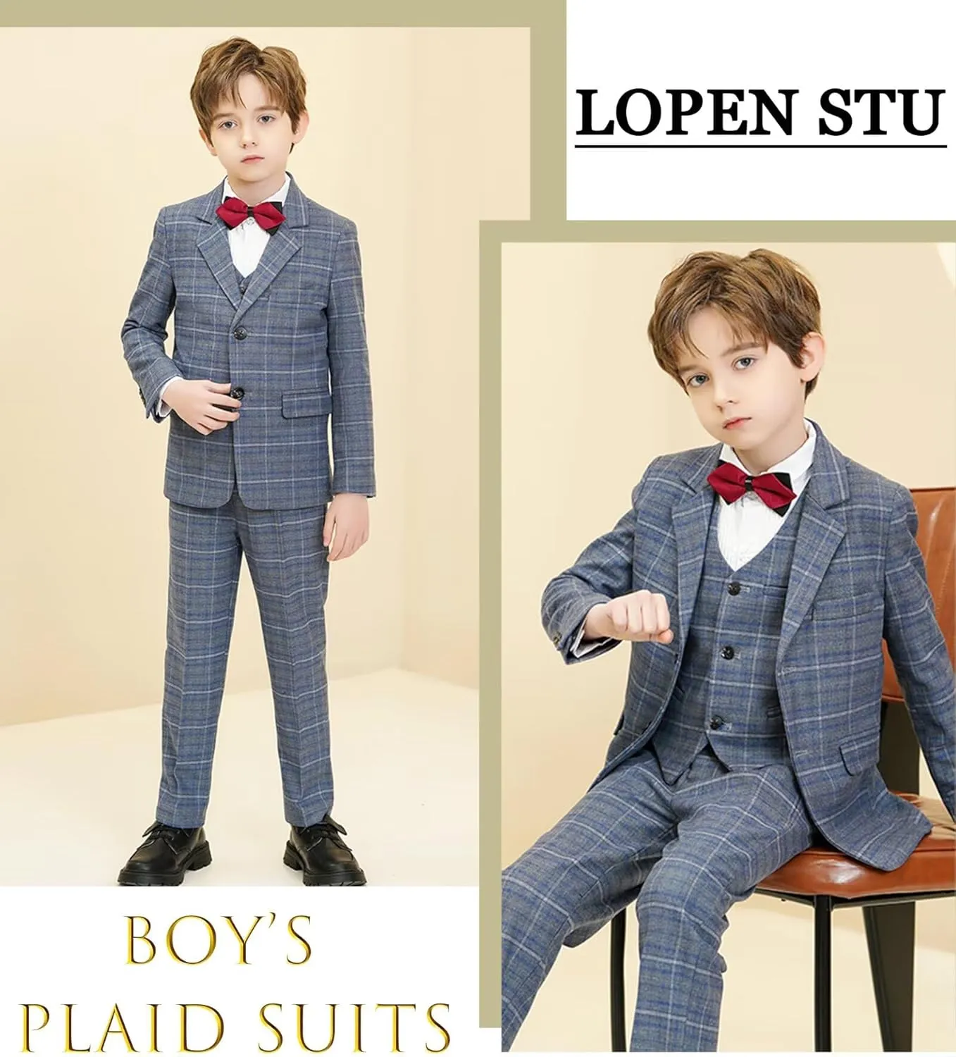 Boy's Suit Kids Plaid Suits for Boy Wedding Outfits Boys Plaid Blazer Vest Pants Ties Formal Suit Set