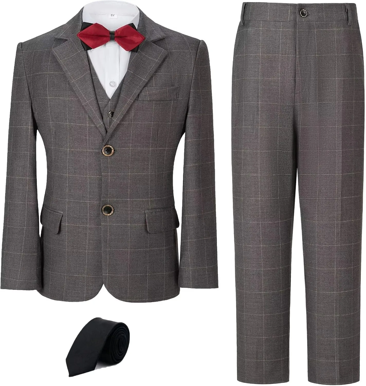 Boy's Suit Kids Plaid Suits for Boy Wedding Outfits Boys Plaid Blazer Vest Pants Ties Formal Suit Set