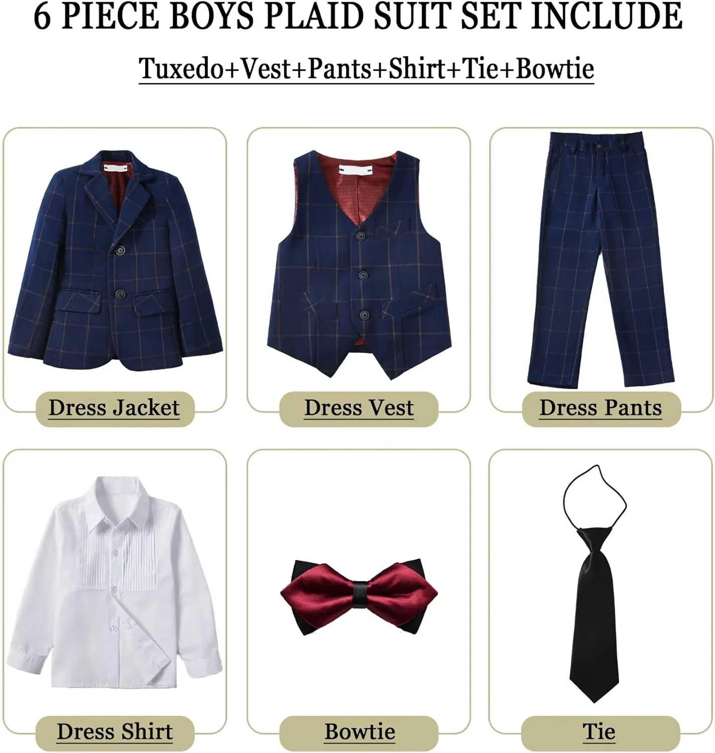 Boy's Suit Kids Plaid Suits for Boy Wedding Outfits Boys Plaid Blazer Vest Pants Ties Formal Suit Set