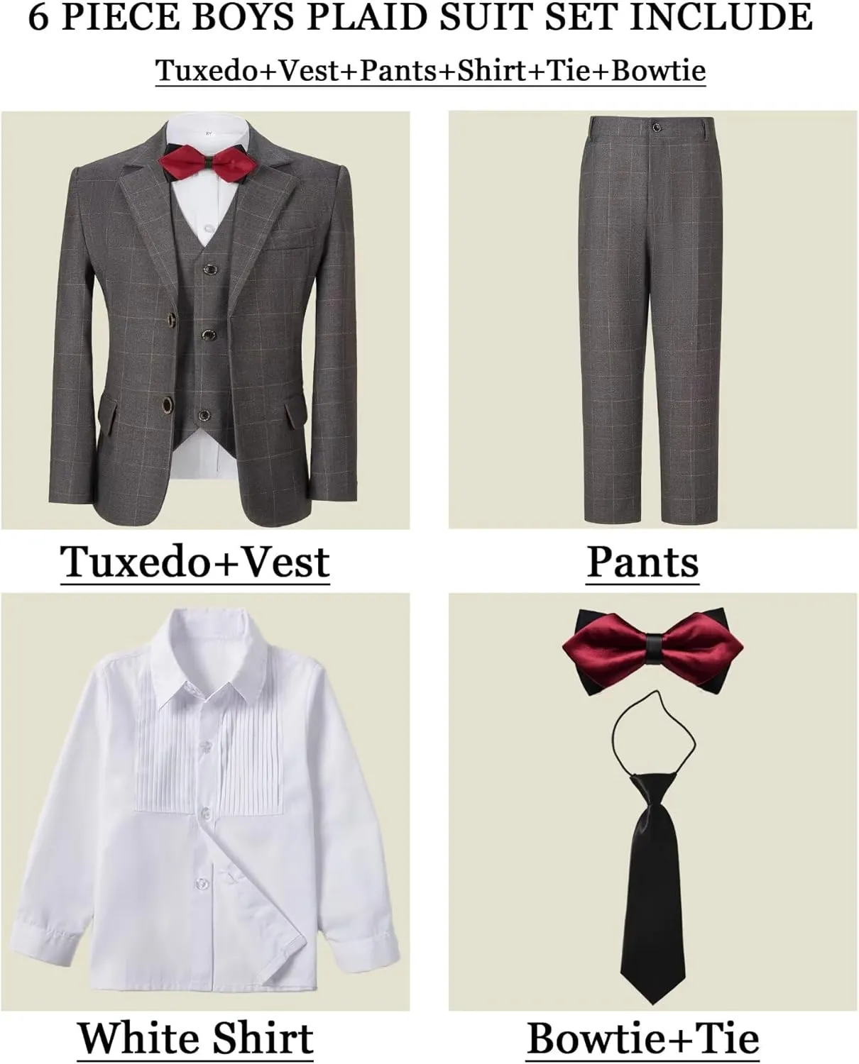 Boy's Suit Kids Plaid Suits for Boy Wedding Outfits Boys Plaid Blazer Vest Pants Ties Formal Suit Set