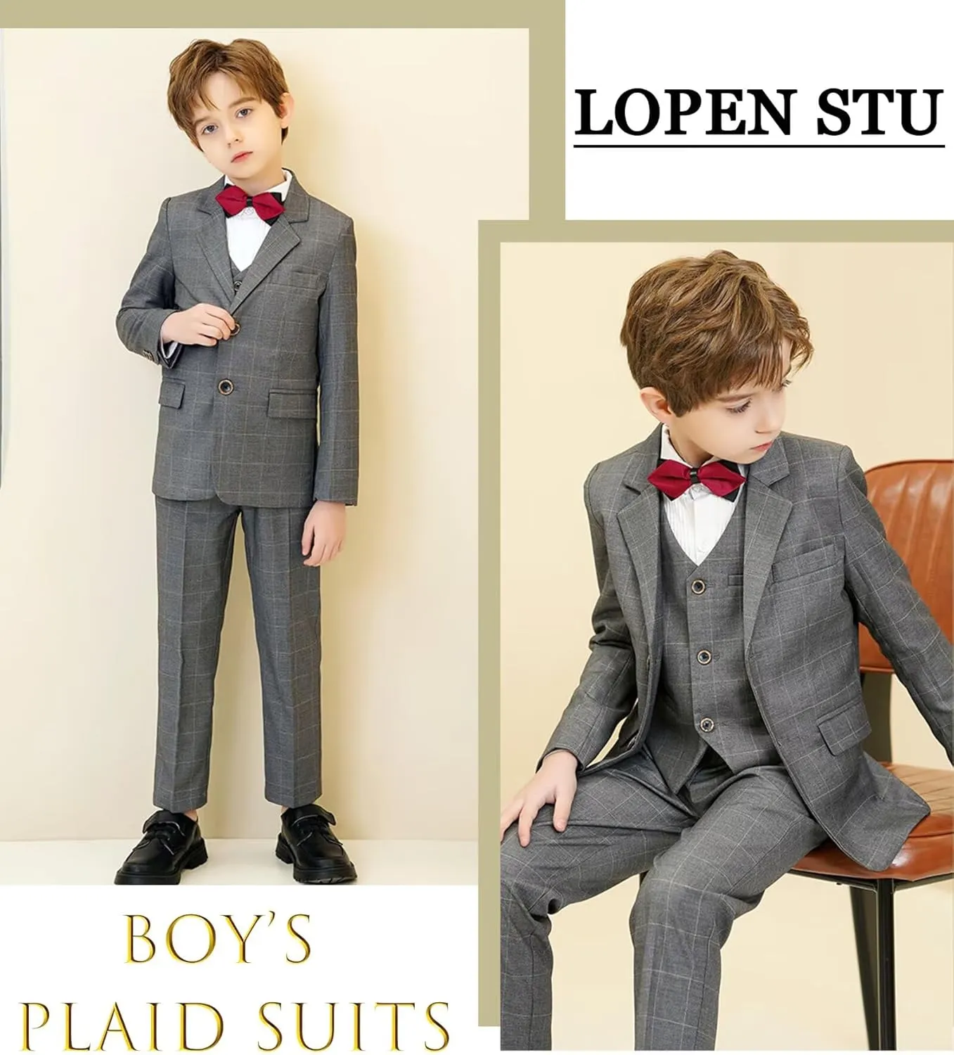 Boy's Suit Kids Plaid Suits for Boy Wedding Outfits Boys Plaid Blazer Vest Pants Ties Formal Suit Set