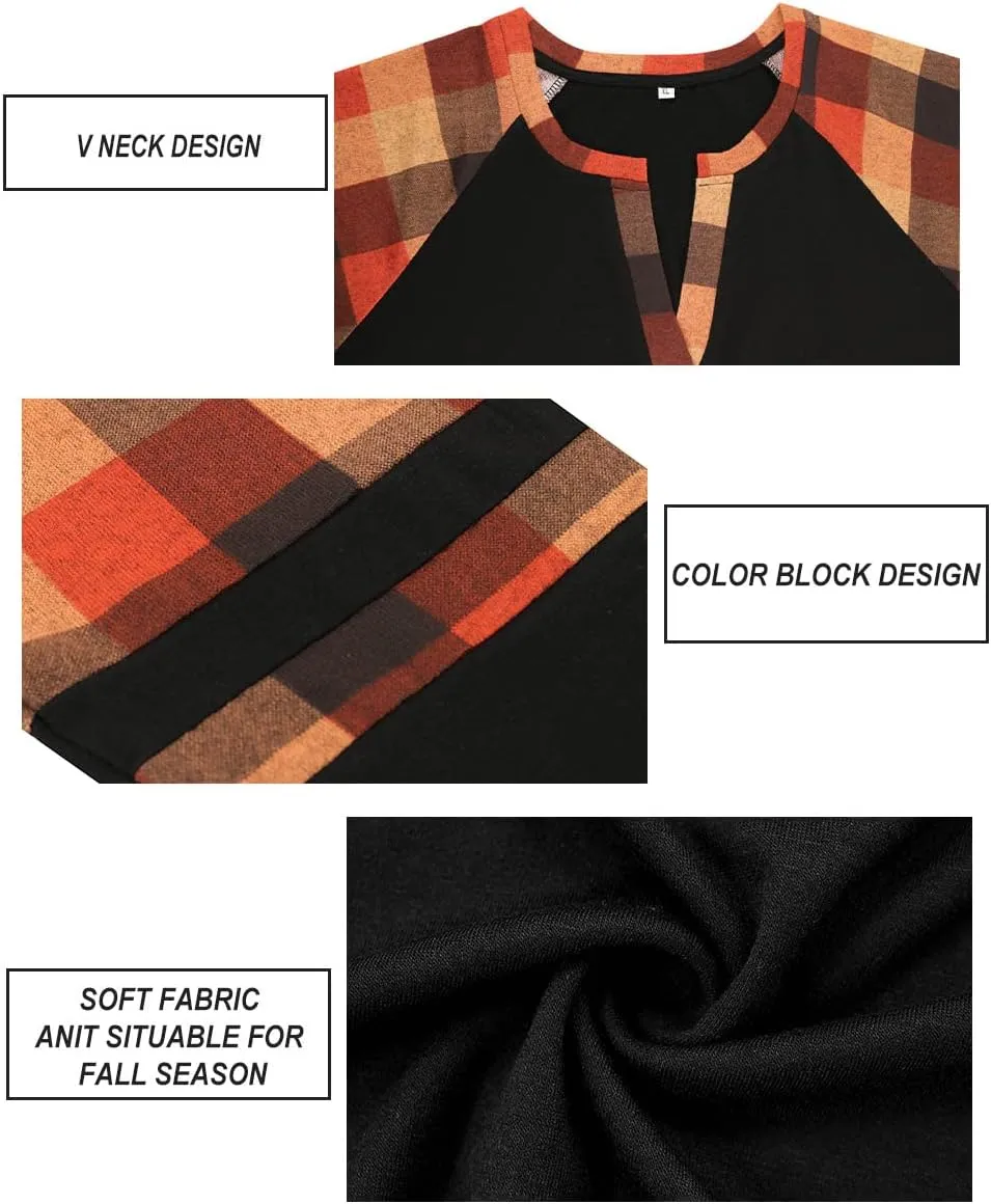 CARCOS Plus Size Tops for Women Long Sleeve Fall Tunic Color Block Camo/Plaid/Leopard/Fall Blouse Crewneck Tshirt XL-5XL
