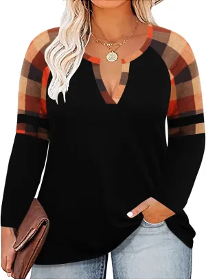 CARCOS Plus Size Tops for Women Long Sleeve Fall Tunic Color Block Camo/Plaid/Leopard/Fall Blouse Crewneck Tshirt XL-5XL