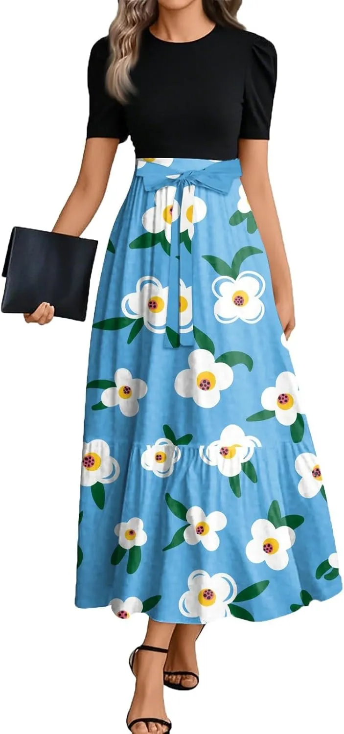 Casual Dresses for Women 2025, Elegant Bow Detail Beach Boho High Waisted Flower Print Womens Sundresses