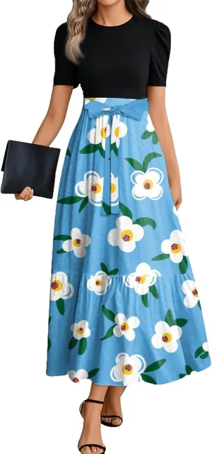 Casual Dresses for Women 2025, Elegant Bow Detail Beach Boho High Waisted Flower Print Womens Sundresses