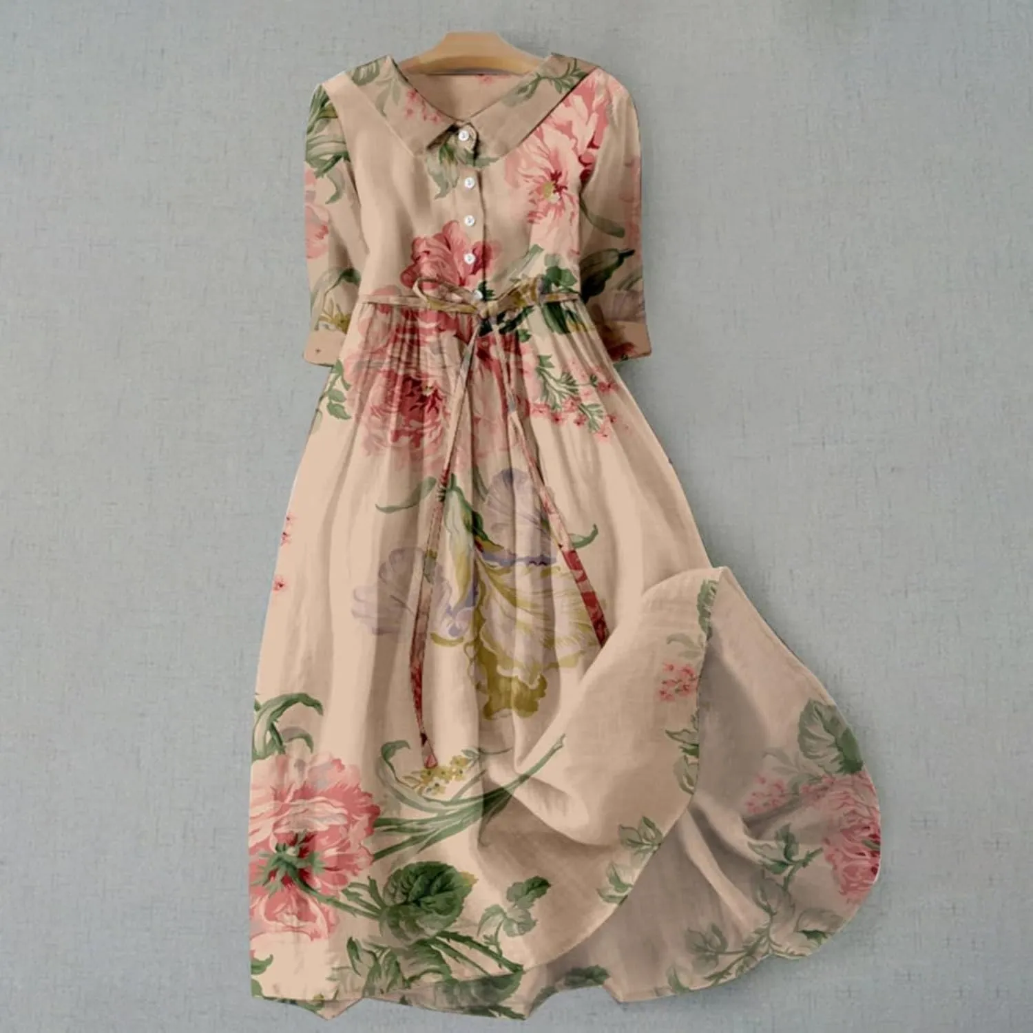 Casual Dresses for Women Button Down Half Sleeve Midi Dresses with Belt Floral Print Flowy Plus Size Summer Dresses