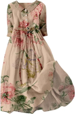 Casual Dresses for Women Button Down Half Sleeve Midi Dresses with Belt Floral Print Flowy Plus Size Summer Dresses