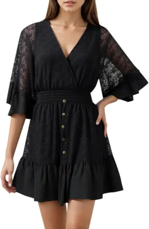 Casual Dresses for Women,2025 Summer V Neck Short Dress Mesh Flutter Sleeve Elastic Waist Mini Dress Boho Sundress