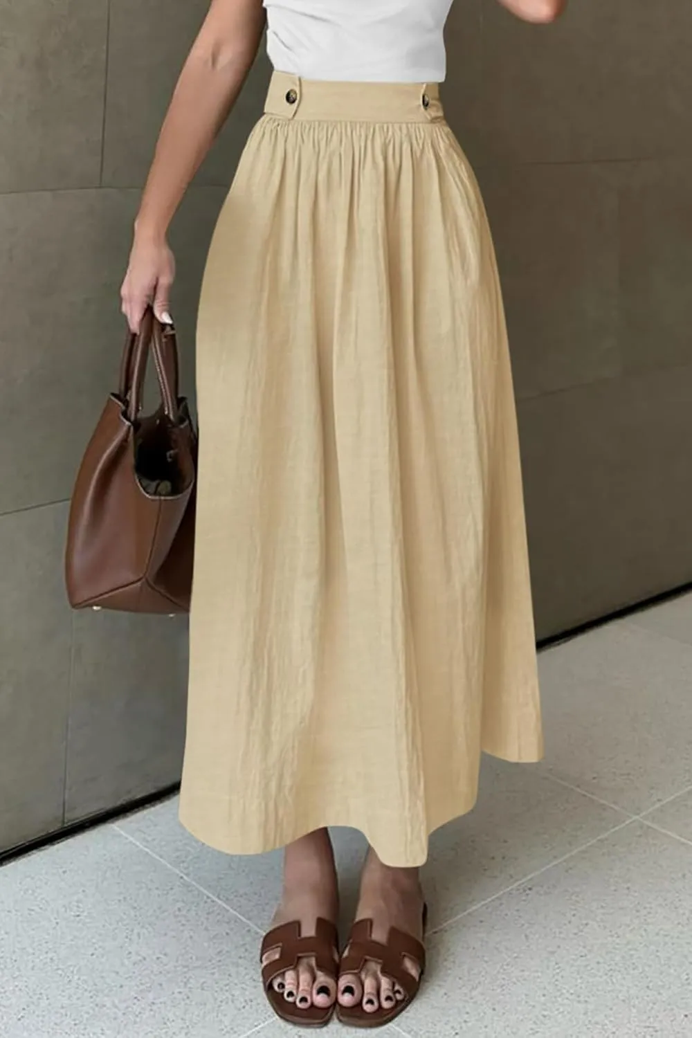 CFLONGE Women's 2025 Bohemian Long Skirts Flowy High Waist A Line Maxi Skirts for Women Summer Pleated Midi Skirt with Pocket
