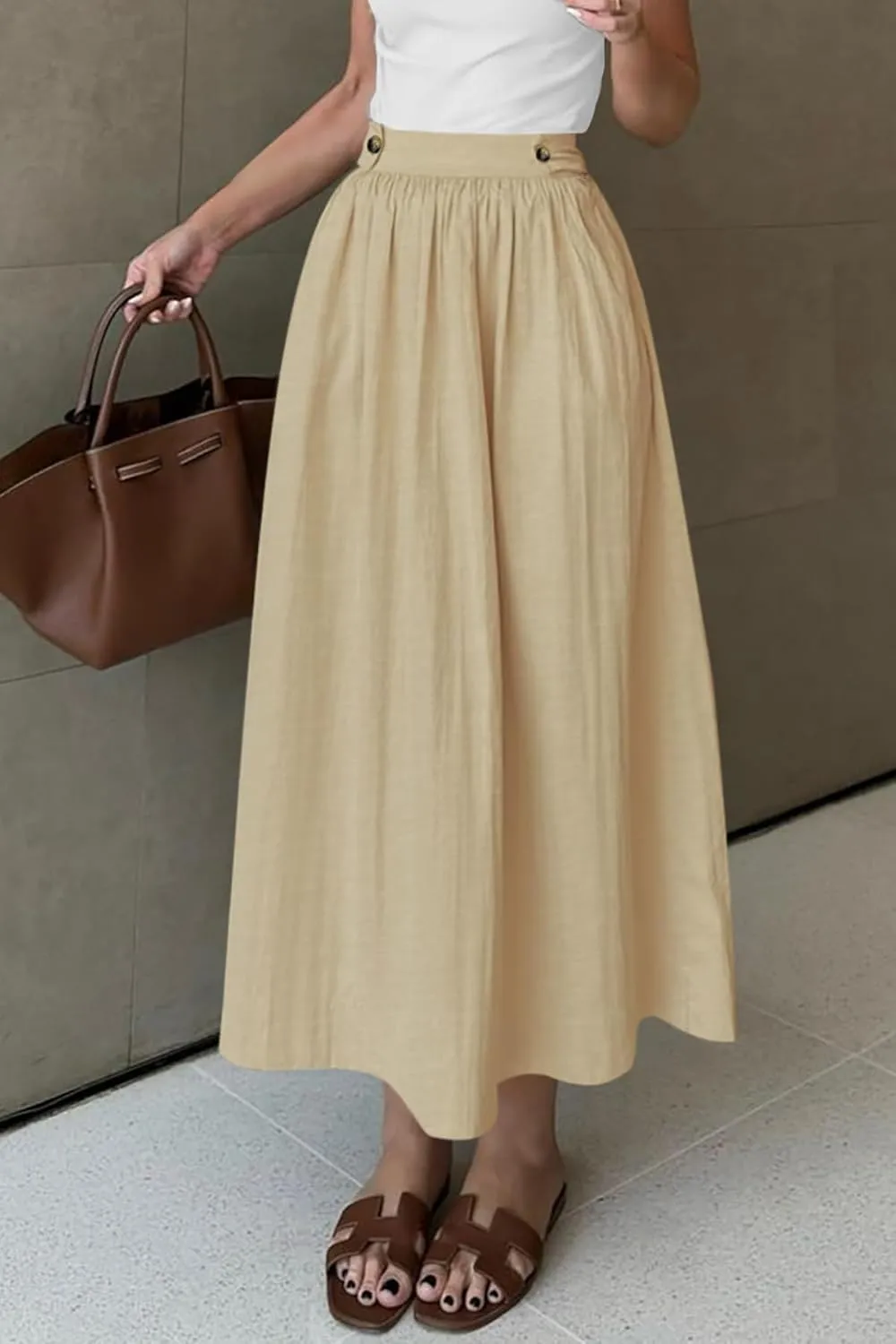 CFLONGE Women's 2025 Bohemian Long Skirts Flowy High Waist A Line Maxi Skirts for Women Summer Pleated Midi Skirt with Pocket