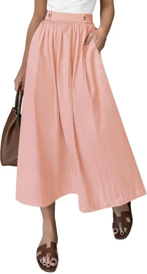 CFLONGE Women's 2025 Bohemian Long Skirts Flowy High Waist A Line Maxi Skirts for Women Summer Pleated Midi Skirt with Pocket