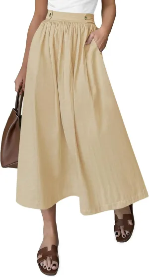 CFLONGE Women's 2025 Bohemian Long Skirts Flowy High Waist A Line Maxi Skirts for Women Summer Pleated Midi Skirt with Pocket