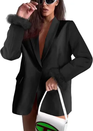 Cicy Bell Womens Feather Cuff Oversized Blazer Jacket Dressy Open Front Elegant Long Sleeve Party Outfits