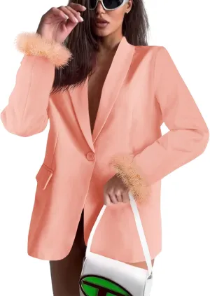 Cicy Bell Womens Feather Cuff Oversized Blazer Jacket Dressy Open Front Elegant Long Sleeve Party Outfits