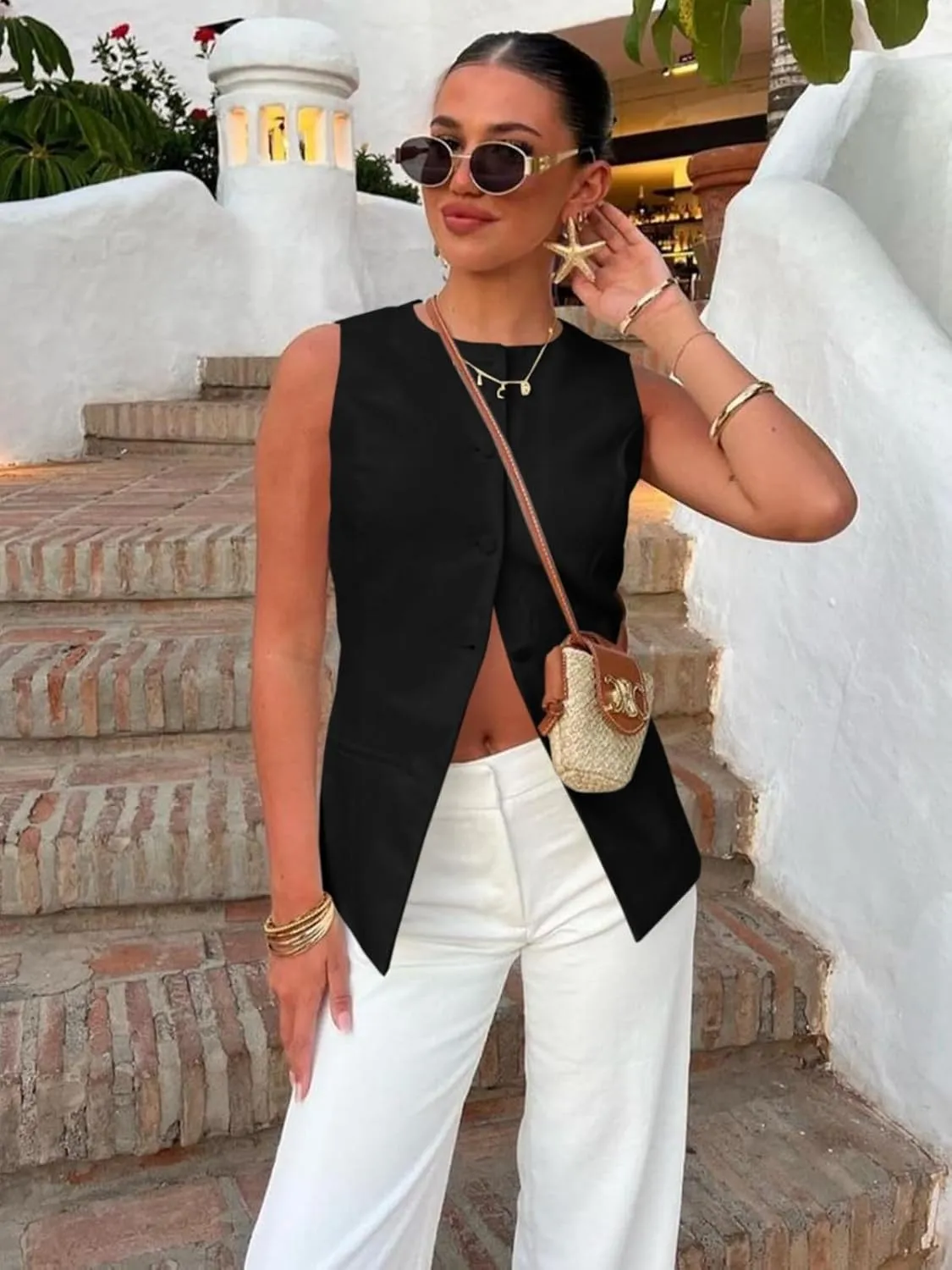 Cicy Bell Womens Round Neck Waistcoat Vest Summer Button up Vest Tops Casual Business Fitted Sleeveless Blazer