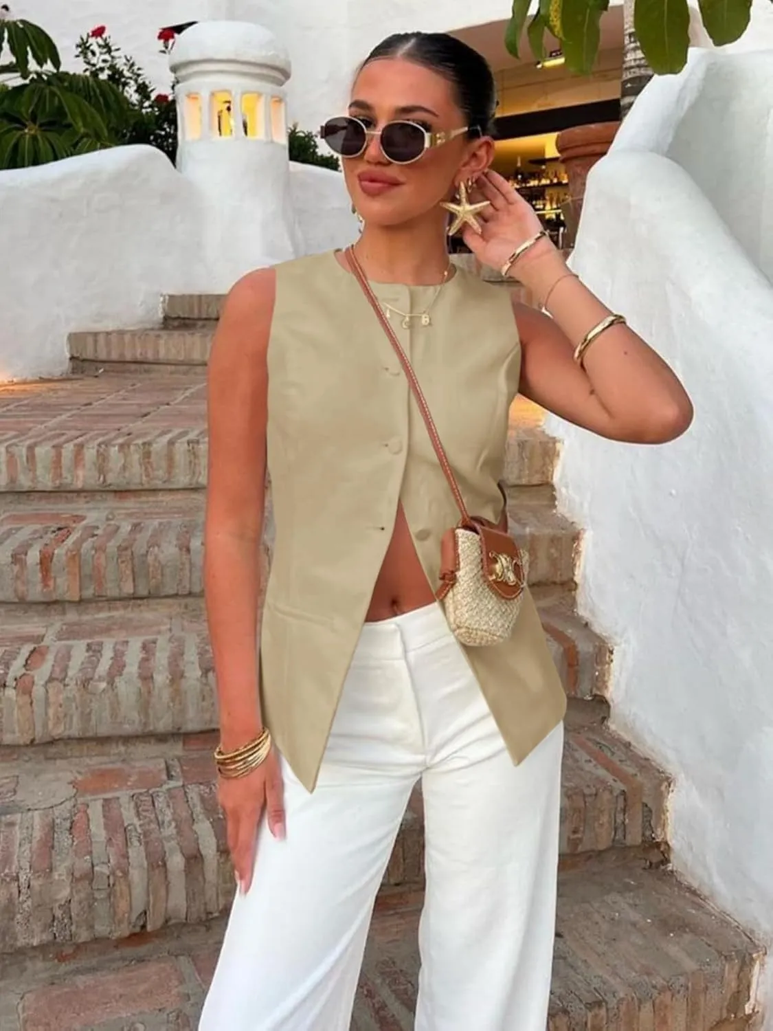 Cicy Bell Womens Round Neck Waistcoat Vest Summer Button up Vest Tops Casual Business Fitted Sleeveless Blazer