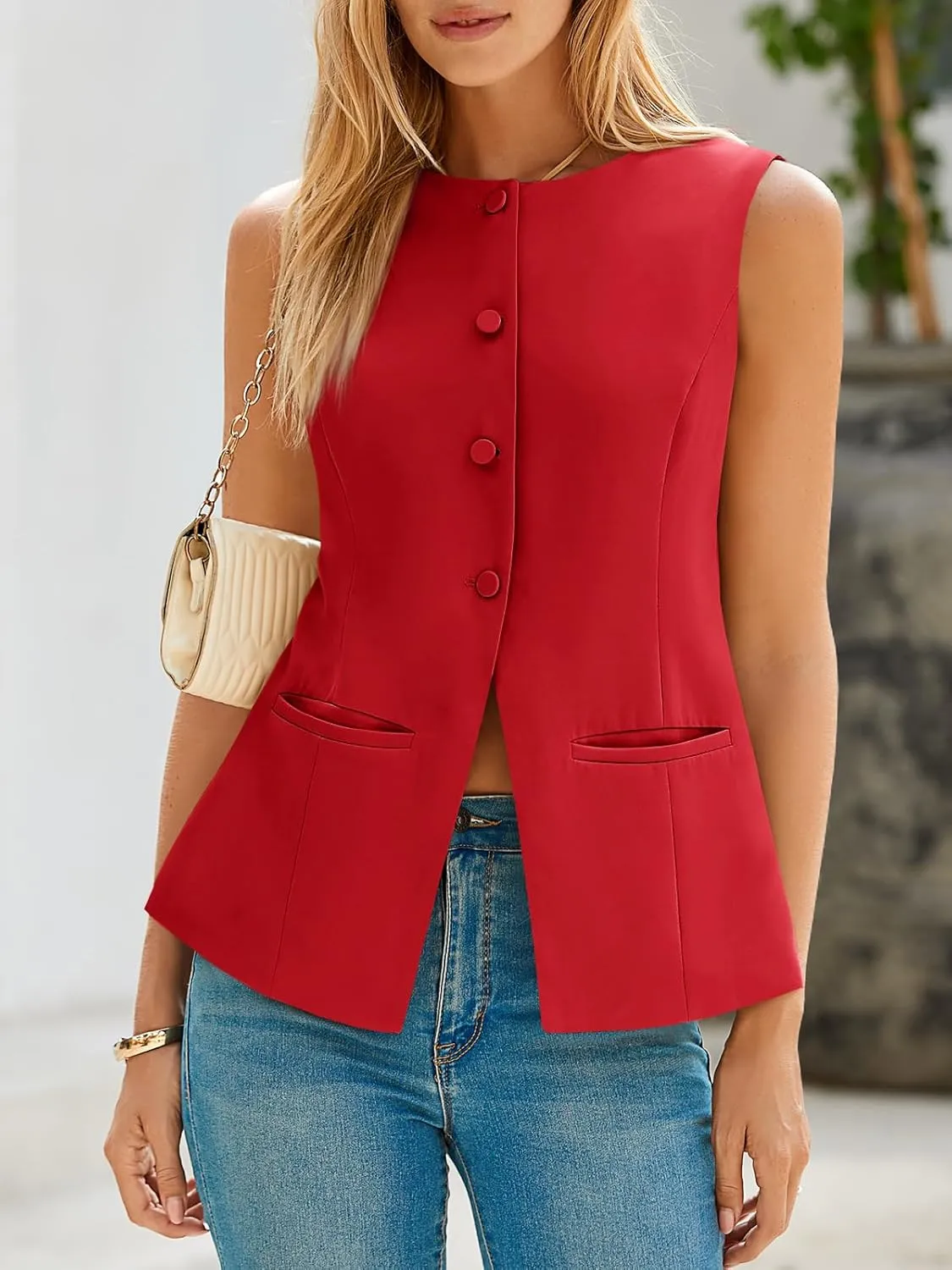 Cicy Bell Womens Round Neck Waistcoat Vest Summer Button up Vest Tops Casual Business Fitted Sleeveless Blazer